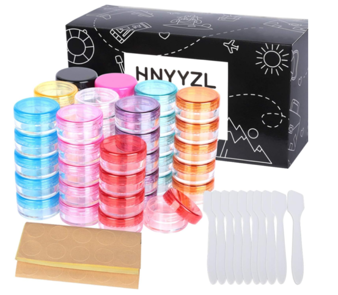 HNYYZL 50 Pack Sample Container, 5g Empty Cosmetic Containers Plastic Travel Pot Jar for Liquid Lotion Cream Sample Make-up Storage(10 Colors, 5ML), Come with 10pcs Mini Spatulas and 50pcs Labels