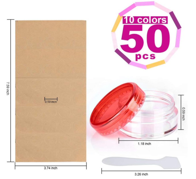 HNYYZL 50 Pack Sample Container, 5g Empty Cosmetic Containers Plastic Travel Pot Jar for Liquid Lotion Cream Sample Make-up Storage(10 Colors, 5ML), Come with 10pcs Mini Spatulas and 50pcs Labels