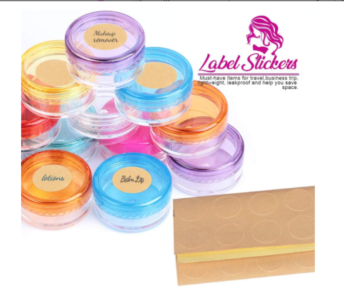 HNYYZL 50 Pack Sample Container, 5g Empty Cosmetic Containers Plastic Travel Pot Jar for Liquid Lotion Cream Sample Make-up Storage(10 Colors, 5ML), Come with 10pcs Mini Spatulas and 50pcs Labels